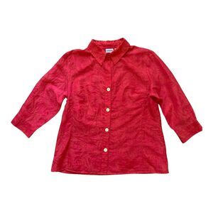 Chico's Linen Blend Shirt Size 2 Pink Button Up 3/4 Sleeves Blouse Coral Top